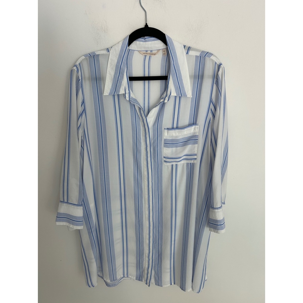 Soft Surroundings Blue White Striped Viscose Tunic Coastal Shirt XL 3/4 Sleeve